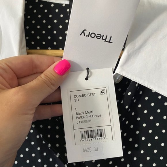 NWT Theory Contrast Straight Shirt in Polka Dot Crepe - Picture 7 of 7